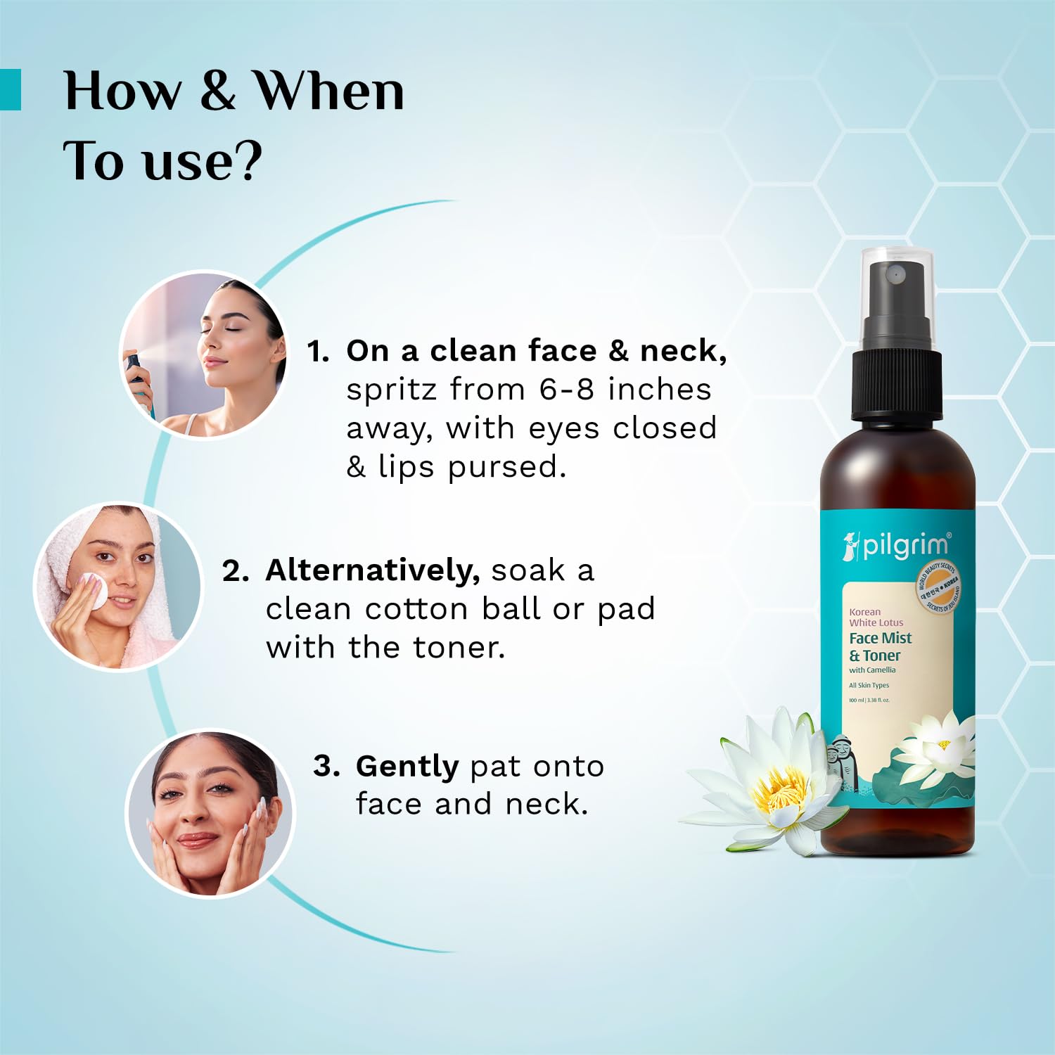 Pilgrim Korean Beauty White Lotus Refreshing Face Mist & Toner - Image 4